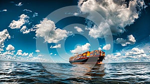 A large cargo ship loaded with containers sailing across the vast ocean under the clear sky