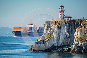 A large cargo ship navigates past a historic lighthouse perched on a rocky cliff.