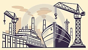 Large Cargo Ship at Port with Cranes, Global Trade Hub, vector design Generative AI