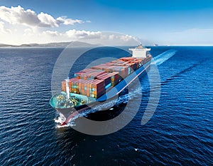 A large cargo ship is sailing through the ocean