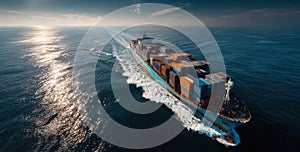 A large cargo ship is sailing through the ocean