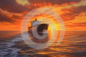 large cargo ship sailing in open sea during sunset