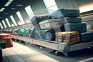 large cargo and suitcases on conveyor in waiting room in airport baggage claim area