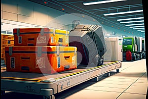 large cargo and suitcases on conveyor in waiting room in airport baggage claim area