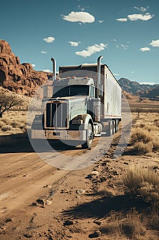 A large cargo truck driving on a solitary, scenic desert highway under the scorching sun