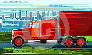 Large cargo truck. Vector illustration. Driving along the road past the city. Flat style. Transportation of heavy loads by road.