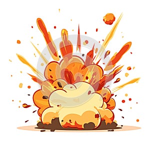 Large cartoon explosion with vibrant orange and yellow flames Vector illustration. Intense burst, fiery effect, boom