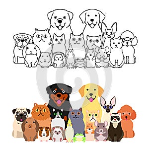 Large cartoon pet animals group set, full body