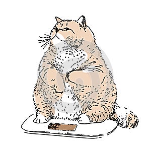 A large cat with an overweight problem is being weighed