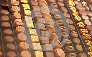 Large choice of handmade chocolates in rows