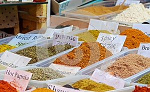 Large choice of Zaatar spices, a blend of hyssop, sumac, sesame and salt for sale at old market. Jerusalem