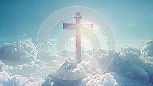 large christian cross close up with blue sky with sun and clouds, religion concept