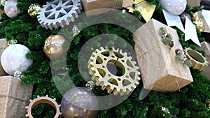 Large Christmas tree decorated with large balls, gears and sealed gifts