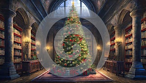 a large Christmas tree in the hall of an old library