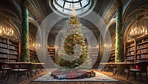 a large Christmas tree in the hall of an old library