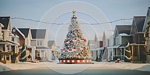 A Large Christmas tree is placed in the center of village neighborhood background.