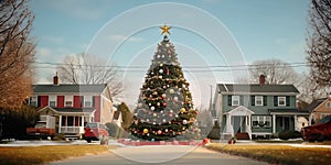 A Large Christmas tree is placed in the center of village neighborhood background.