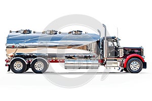 A large chrome fuel tanker truck isolated on white background. Generative AI