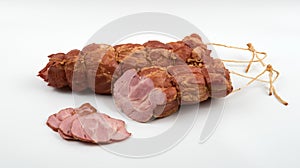 Large chunks of pork deli meats with slices on white background