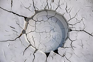 Large circular hole with jagged edges in a white textured surface, revealing a darker layer beneath photo