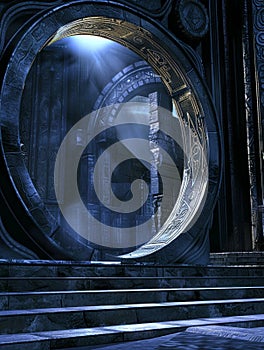 A large, circular metallic door or gate with intricate designs and mechanical structures in a futuristic environment