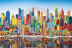 a large city skyline made entirely from colorful lego blocks