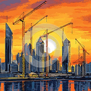 Large city skyline, with several skyscrapers and cranes in background. These buildings are located near body of water