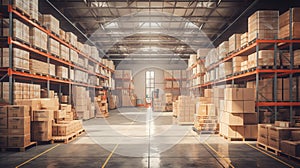 A large clean warehouse with shelves and cardboard boxes