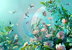 Glass sphere containing colorful flowers, birds, and butterflies against blurred blue background. Generative AI. photo