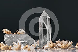 Large clear pure transparent great royal crystals of quartz chalcedony on black background close up