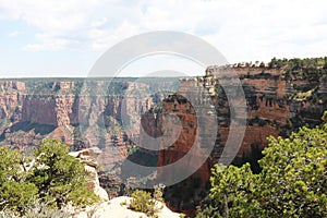 Large cliff in front of the trees under the blue sky in Sedona