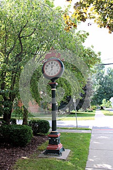 Large clock in center of lawn near Skidmore College, Saratoga, New York, summer 2020