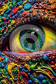 Large close-up of the colorful fantasy pupil of the eye. Ai generative