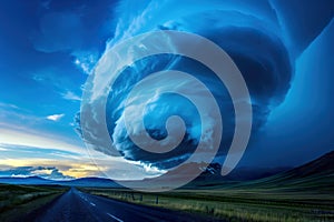 A large cloud hangs dramatically over a road in the sky