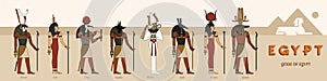 A large collection of ancient Egyptian gods from eight vector illustrations against the backdrop of the Egyptian