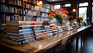 A large collection of books on a wooden shelf generated by AI