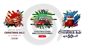 Large collection of Christmas discounts web elements in liquid style with decorated with Christmas tree branches, candy, garlands