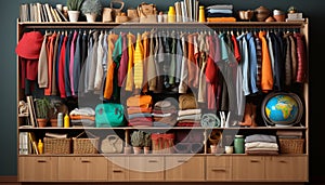 Large collection of clothing hanging neatly in a modern closet generated by AI