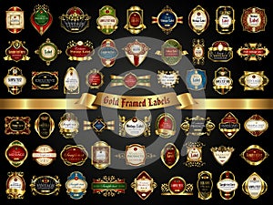 Large collection of colorful gold-framed labels in vintage style on a black background