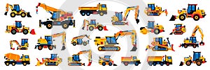 Large collection of construction equipment. Set of commercial vehicles for construction work. Excavator, tractor