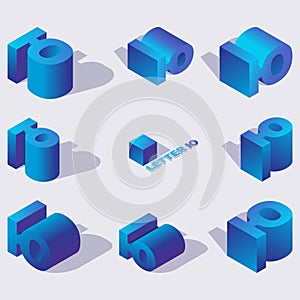 Large collection of creative isometric 3d typography design. Russian letter Yu in various foreshortening with shadows in blue
