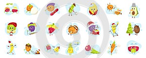 A large collection of different cartoon fruits and vegetables. Cute funny characters on winter holidays. Kawaii clipart