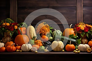 Large Collection of Different Pumpkin Varieties in Rustic Setting for Fall and Thanksgiving