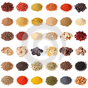 Large collection of different spices, herbs, nuts, dried fruits,