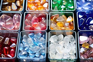 large collection of glass gems in containers