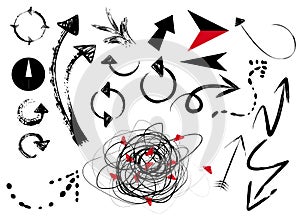 Large collection of grungy arrows, 20 design elements, vector illustration with paint strokes and splashes