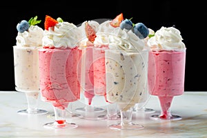 Large collection of mousse desserts in glasses for catering