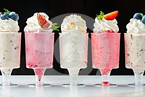 Large collection of mousse desserts in glasses for catering