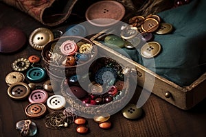 Large collection of old vintage sewing buttons, AI Generated