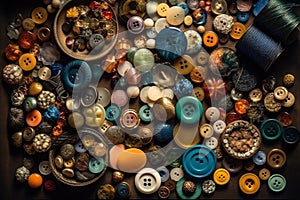 Large collection of old vintage sewing buttons, AI Generated